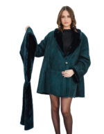 Green sheepskin jacket size 44 with detached hood, long sleeve, bell-shaped, fur inside, leather outside - Image 2