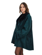 Green sheepskin jacket size 44 with detached hood, long sleeve, bell-shaped, fur inside, leather outside - Image 4