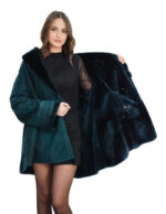 Green sheepskin jacket size 44 with detached hood, long sleeve, bell-shaped, fur inside, leather outside - Image 7