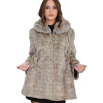 Mink petal coat size 44 grey Italian collar gathered drawstring waist long sleeves hook closure
