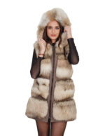 Ärmellose Fox-Jacke mit breiten Streifen, Kapuze (Größe 40) mit Außentaschen, Lederriemen und Reißverschluss.