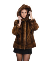 Mink fur jacket 44 demi full skin hood long sleeves external pockets hook closure