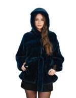 Mantella visone 48 - 56 orizzontale visone blu cappuccio cintura interna in pelliccia manica pipistrello alta 74 centimetri