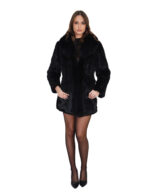 Long black rabbit fur coat size 42 with hook closure and long sleeve, shiny, 76 cm long - Image 4