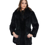 Long black rabbit fur coat size 42 with hook closure and long sleeve, shiny, 76 cm long