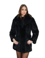Long black rabbit fur coat size 42 with hook closure and long sleeve, shiny, 76 cm long