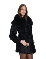 Long black rabbit fur coat size 42 with hook closure and long sleeve, shiny, 76 cm long - Image 2