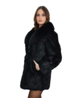 Long black rabbit fur coat size 42 with hook closure and long sleeve, shiny, 76 cm long - Image 3