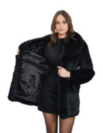 Long black rabbit fur coat size 42 with hook closure and long sleeve, shiny, 76 cm long - Image 6