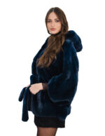 Mantella visone 48 - 56 orizzontale visone blu cappuccio cintura interna in pelliccia manica pipistrello alta 74 centimetri - immagine 3