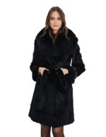 Black rex down coat with fox collar and cuffs, size 44, black sleeves with leather buckles at the cuffs