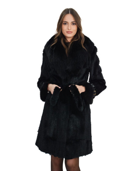 Black rex down coat with fox collar and cuffs, size 44, black sleeves with leather buckles at the cuffs