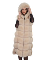 112cm long silver fox fur vest in beige ecru 50 with zip hood and suede leather