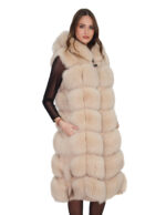 112cm long silver fox fur vest in beige ecru 50 with zip hood and suede leather - Image 2