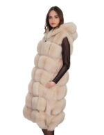112cm long silver fox fur vest in beige ecru 50 with zip hood and suede leather - Image 3