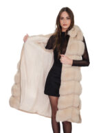112cm long silver fox fur vest in beige ecru 50 with zip hood and suede leather - Image 6