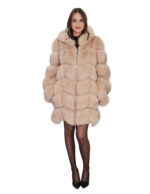 Long-sleeved fox fur coat with hood, size 44, beige, ecru, V-neck, 88 cm long, long sleeve - Image 4