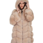 Long-sleeved fox fur coat with hood, size 44, beige, ecru, V-neck, 88 cm long, long sleeve