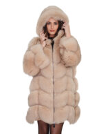 Long-sleeved fox fur coat with hood, size 44, beige, ecru, V-neck, 88 cm long, long sleeve