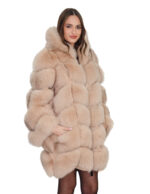 Long-sleeved fox fur coat with hood, size 44, beige, ecru, V-neck, 88 cm long, long sleeve - Image 2