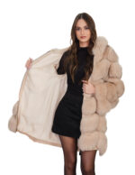 Long-sleeved fox fur coat with hood, size 44, beige, ecru, V-neck, 88 cm long, long sleeve - Image 6