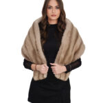 Large grey mink stole with a shiny grey lining and straps for holding or tying.