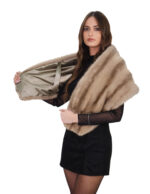 Large grey mink stole with a shiny grey lining and straps for holding or tying. - Image 2
