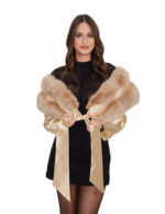 Beige fox stole with visible band lining and gold sleeves and gold laces to close