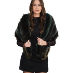 Very wide and very long full-skin brown shaded green fox fur stole with internal strap closure