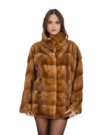 Gold 52 horizontal mink fur coat with V-shaped sleeves, piping collar and magnetic collar