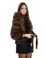 Mink jacket size 42 demi horizontal with fur belt hood long sleeves 60 cm long - Image 3