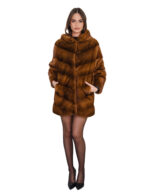 Gold 46 V-neck horizontal mink fur coat, loose fit, hood and long sleeves, external pockets - Image 4
