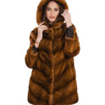 Gold 46 V-neck horizontal mink fur coat, loose fit, hood and long sleeves, external pockets