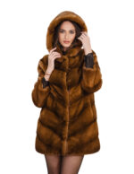 Gold 46 V-neck horizontal mink fur coat, loose fit, hood and long sleeves, external pockets