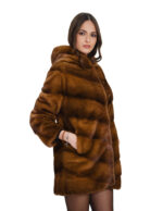 Gold 46 V-neck horizontal mink fur coat, loose fit, hood and long sleeves, external pockets - Image 2
