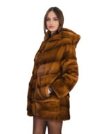 Gold 46 V-neck horizontal mink fur coat, loose fit, hood and long sleeves, external pockets - Image 3