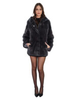 Women's horizontal mink fur coat with grey hood, 44 button collar, long sleeves, hook closures - Image 4