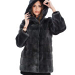 Women's horizontal mink fur coat with grey hood, 44 button collar, long sleeves, hook closures