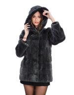 Women's horizontal mink fur coat with grey hood, 44 button collar, long sleeves, hook closures