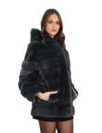 Women's horizontal mink fur coat with grey hood, 44 button collar, long sleeves, hook closures - Image 2