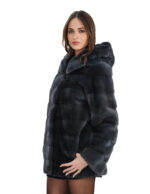 Women's horizontal mink fur coat with grey hood, 44 button collar, long sleeves, hook closures - Image 3