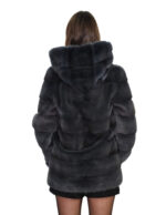Women's horizontal mink fur coat with grey hood, 44 button collar, long sleeves, hook closures - Image 5