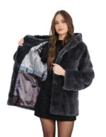 Women's horizontal mink fur coat with grey hood, 44 button collar, long sleeves, hook closures - Image 6