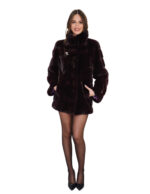 76cm burgundy mink coat size 44 with horizontal long sleeves and butterfly brooch - Image 4