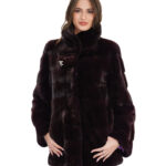 76cm burgundy mink coat size 44 with horizontal long sleeves and butterfly brooch