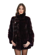 76cm burgundy mink coat size 44 with horizontal long sleeves and butterfly brooch