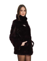 76cm burgundy mink coat size 44 with horizontal long sleeves and butterfly brooch - Image 2