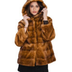 Horizontal gold mink jacket size 48 with long sleeves and 66cm long mink fur lined hood