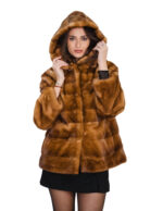 Horizontal gold mink jacket size 48 with long sleeves and 66cm long mink fur lined hood
