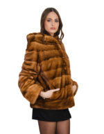 Horizontal gold mink jacket size 48 with long sleeves and 66cm long mink fur lined hood - Image 2